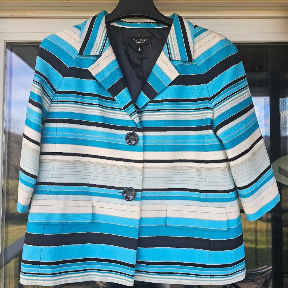 Talbots Striped Blazer Women Size 8 Blue Black White Cotton Two Button Jacket